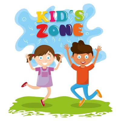 kids zone entertaiment two children jumping over the grass avatar cartoon character vector illustration graphic design